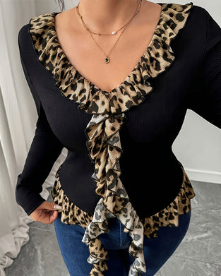 V-Neck Ruffle Leopard Print Top
