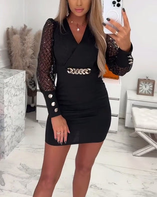 V-Neck Chain Button Mesh Patchwork Dress