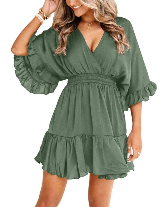 V-Neck Ruffle Waist-Cinching A-Line Dress