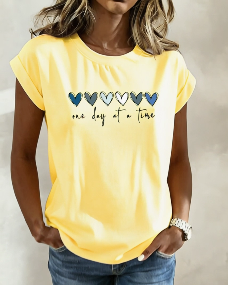 Heart-Print Crew Neck Short-Sleeve Top