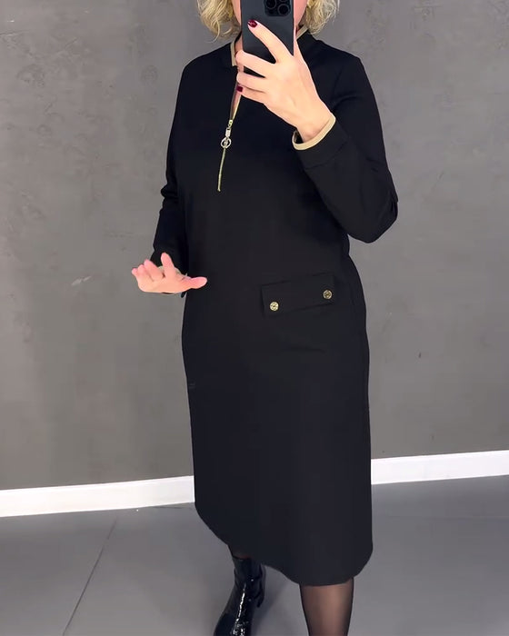 Stand collar contrast zipper shift dress