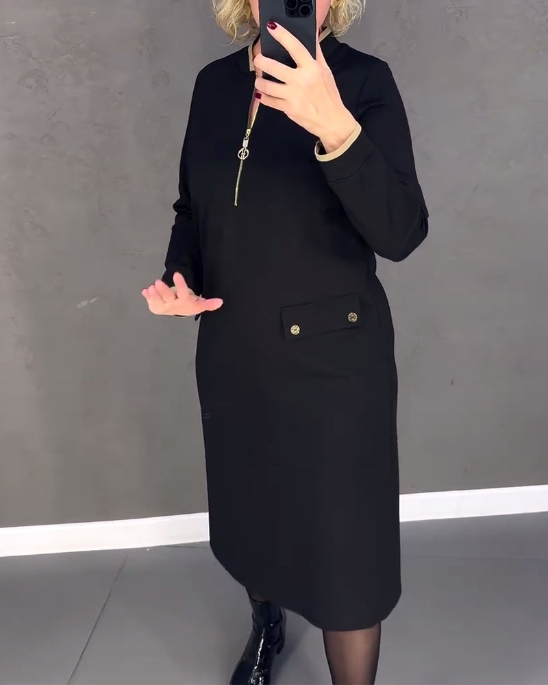 Stand collar contrast zipper shift dress