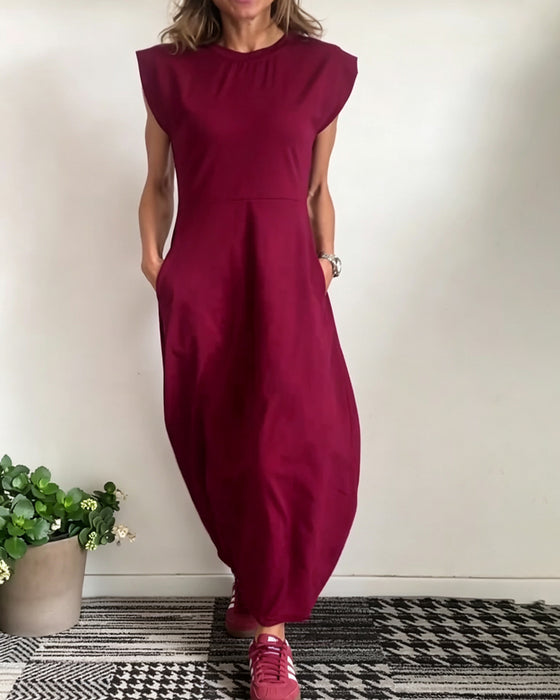 Crew Neck Pocket Solid Dress