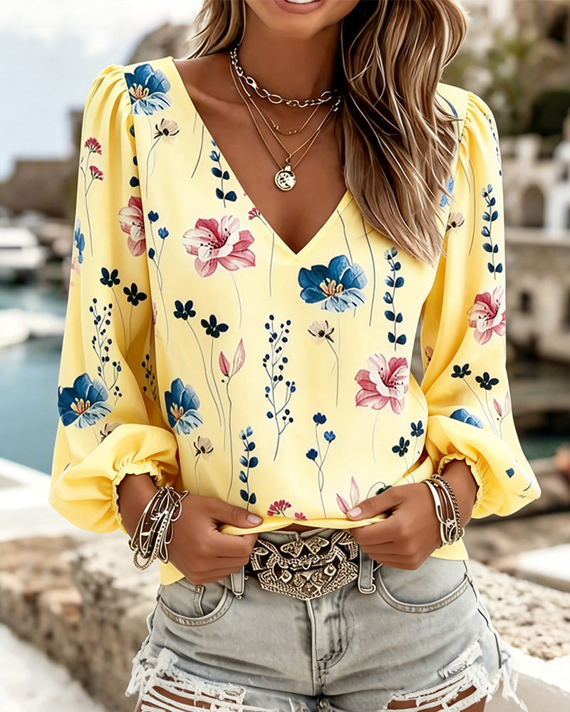 Lantern Sleeve V-Neck Floral Blouse
