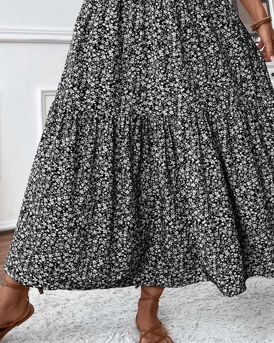 Layered Tiny Flower Print A-Line Long Skirt