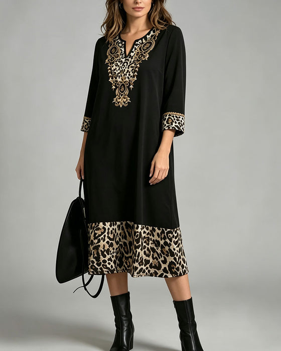 Mini V-Neck Leopard Print Patchwork Loose Dress