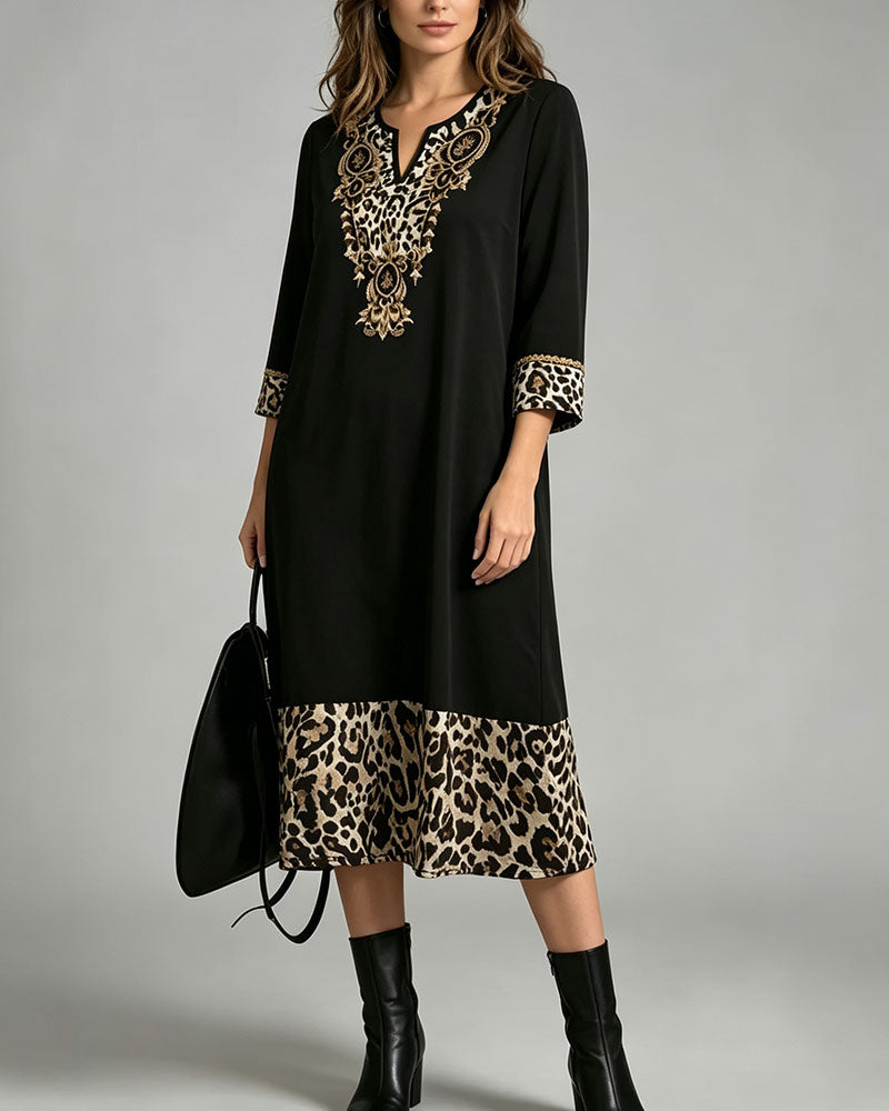 Mini V-Neck Leopard Print Patchwork Loose Dress