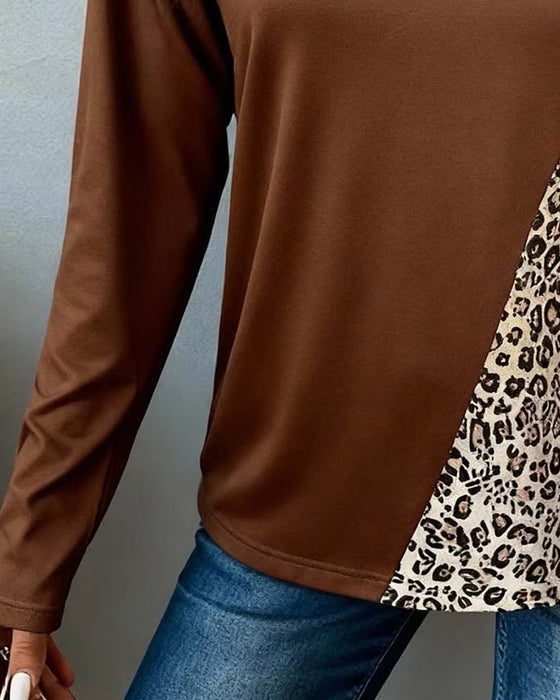 Personality V-Neck Leopard Print Patchwork T-Shirt