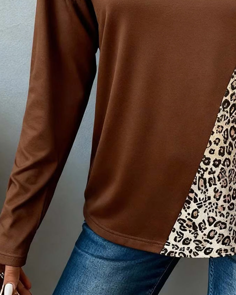 Personality V-Neck Leopard Print Patchwork T-Shirt