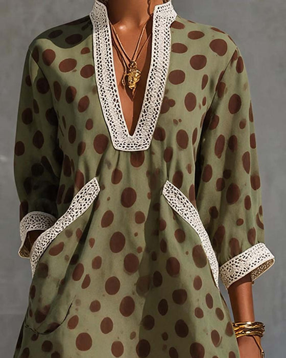 V-Neck Polka Dot Pocket Dress