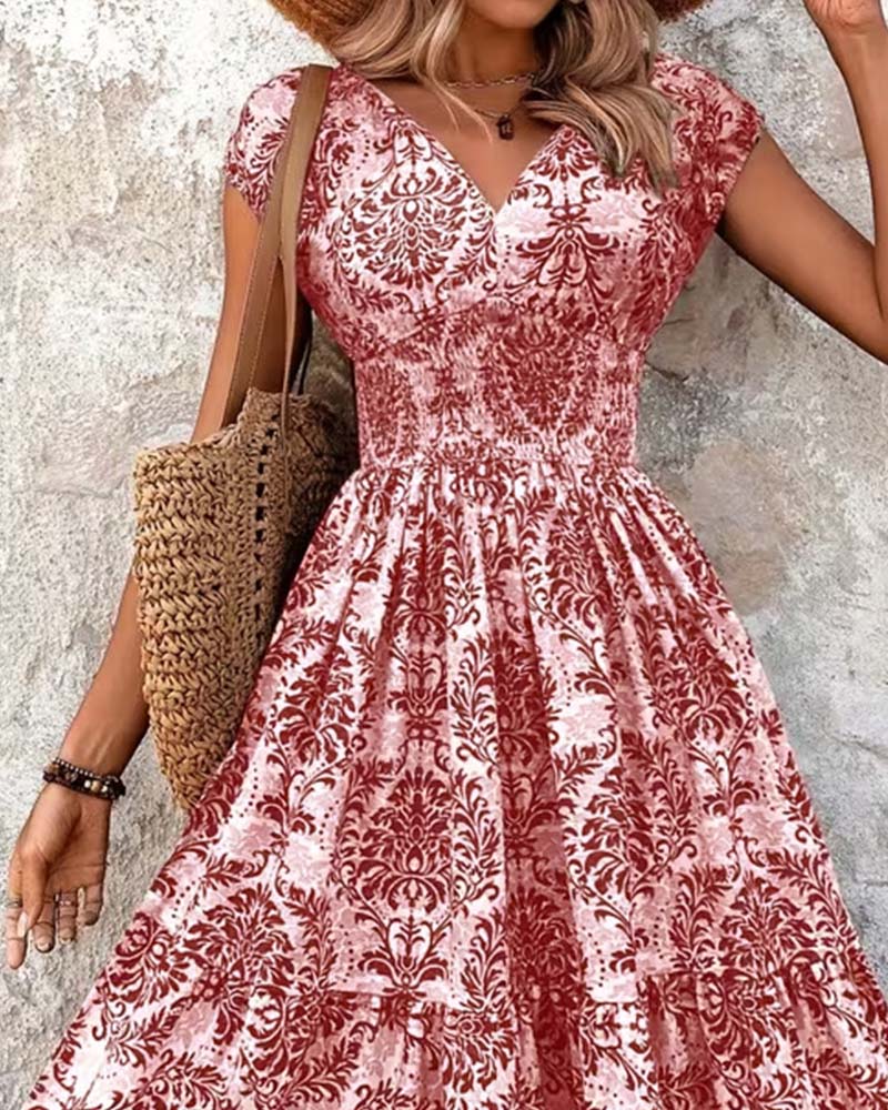 Retro Print V-Neck Cinched Waist Long Dress