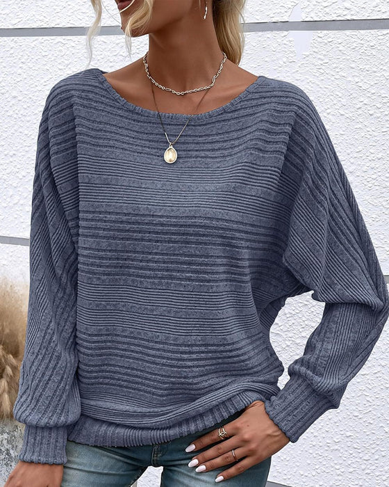 Solid Color Round Neck Long Sleeve Striped Top