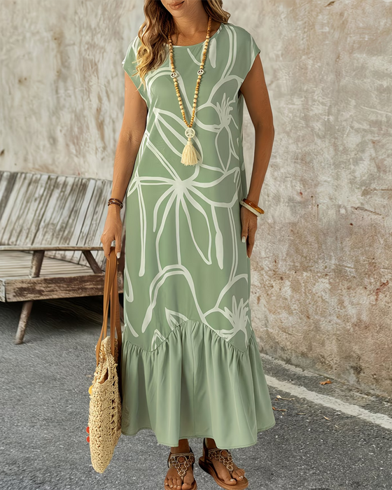 Crew Neck Geometric Print A-Line Dress
