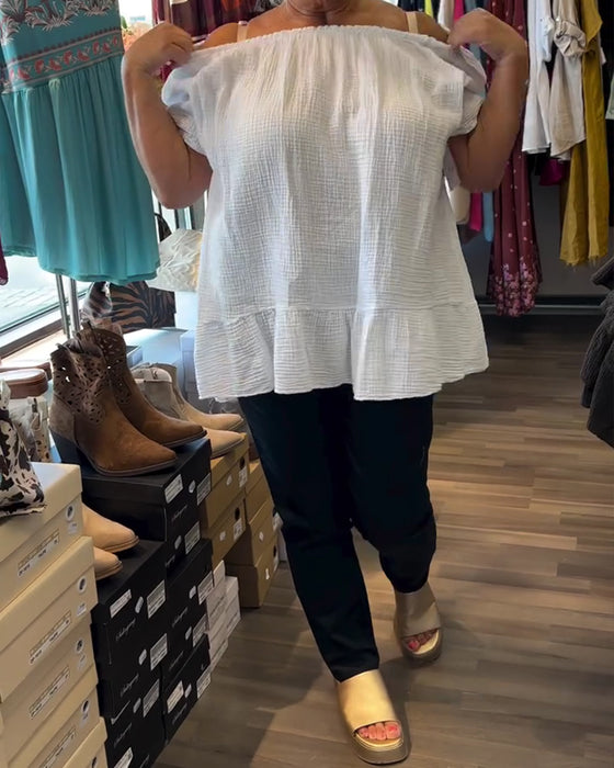 Crew Neck Smocked Relaxed Solid Blouse
