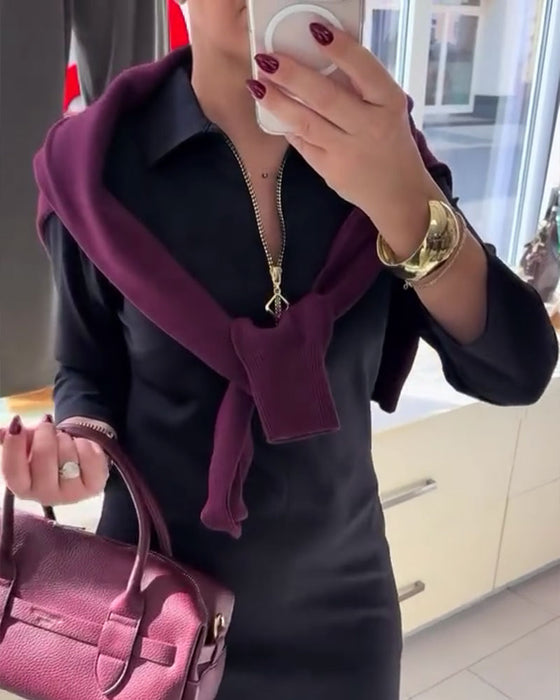 Lapel Slit Zipper Long-Sleeve Dress
