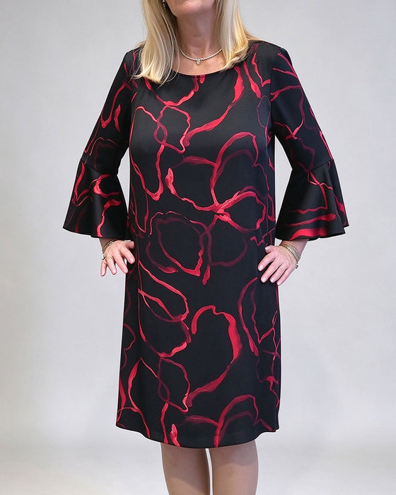 Contrast Color Round Neck And Bell Sleeves Dress