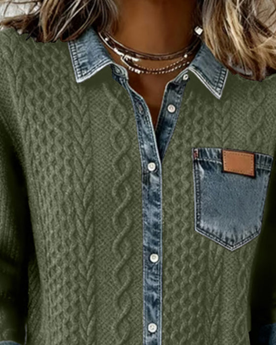 Long-Sleeved Denim Patchwork Shirt