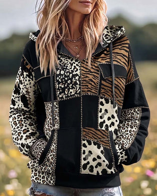 Leopard Print Patchwork Casual Hoodie