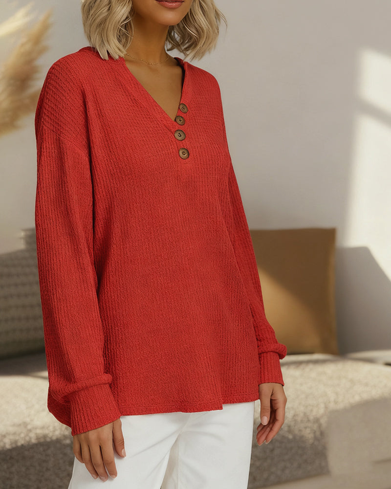 V-Neck Waffle Knit Casual Top