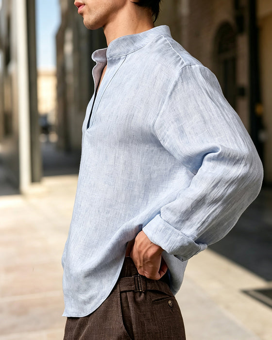 Men's V-Neck Stand Collar Long-Sleeved Casual Shirt