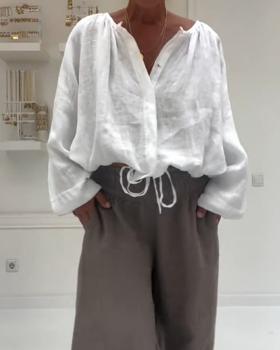 Long Sleeve Smocked Tie Blouse