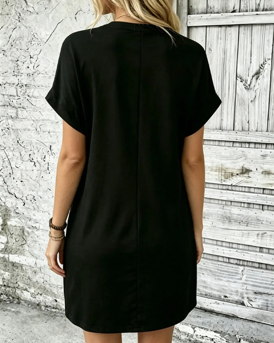 Round Neck Double Pocket Solid Casual Dress