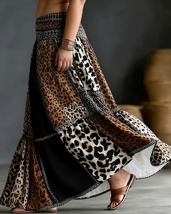 Patchwork Leopard Print Flared Skirt