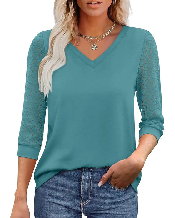 Hollow Three-Quarter Sleeve Solid Color Top
