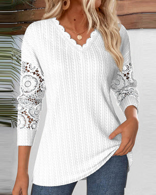 Casual V-Neck Hollow Lace Sleeve Top