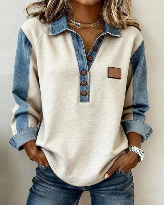 Stylish Denim Patchwork Long-Sleeved Sweatshirt