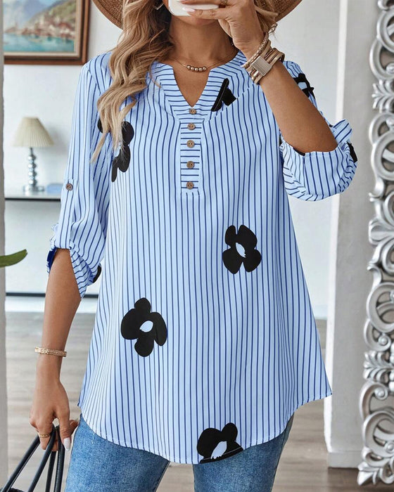 Striped Print V-Neck Fashion Shirt