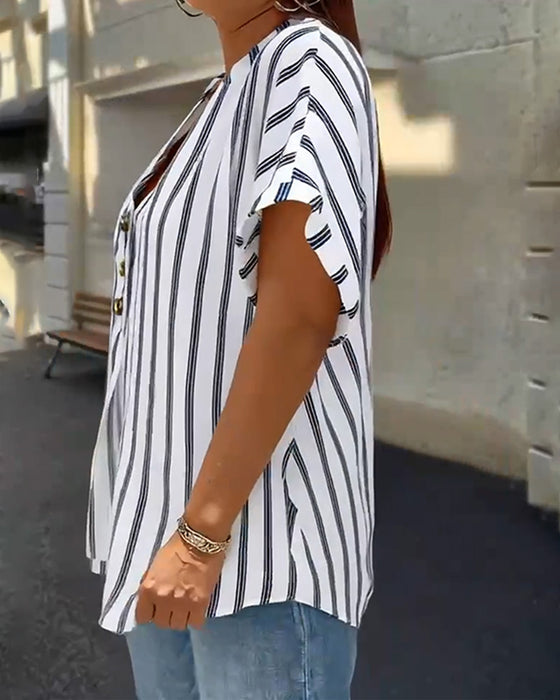 Button-Down V-Neck Striped Blouse