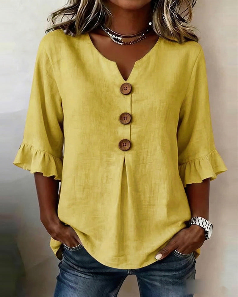 Solid-Color Cotton-Linen Wooden Buttons Ruffles Blouses