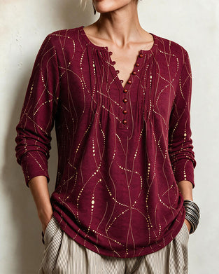 V-Neck Button Shirred Line Blouse