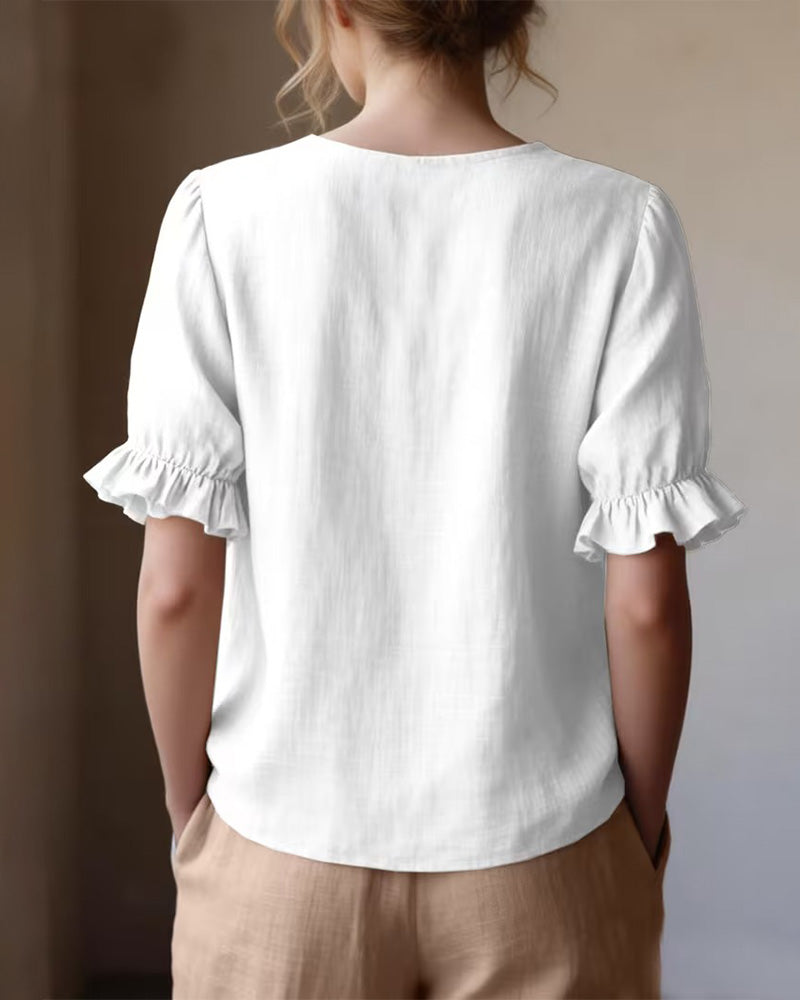 Ruffle Trim V-Neck Short Sleeve Blouse