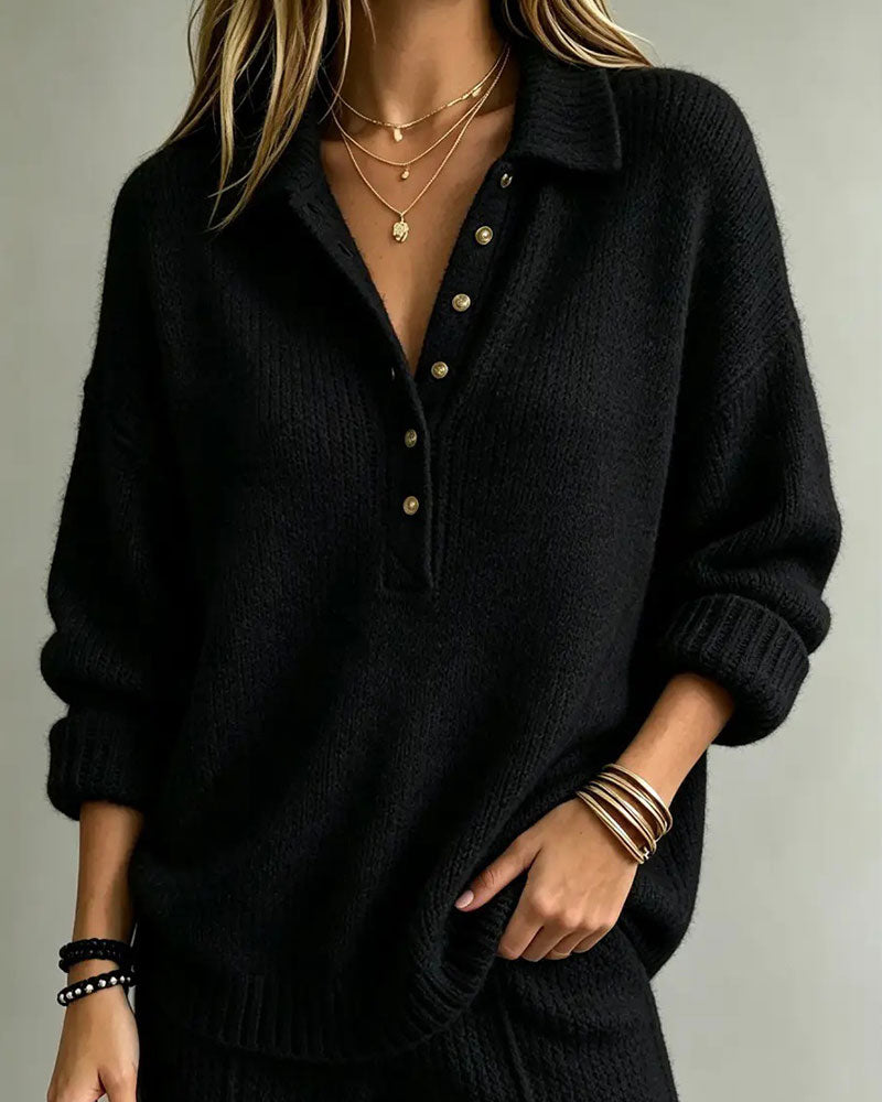 Lapel Buttoned Solid Color Pullover