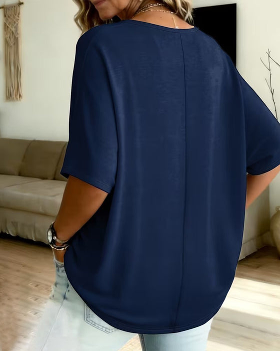 V-Neck Leopard Color Block Elbow-Length Sleeve T-Shirt