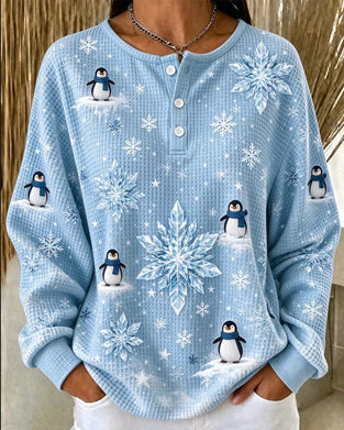 Penguin Snowflake Waffle Knit Henley Top