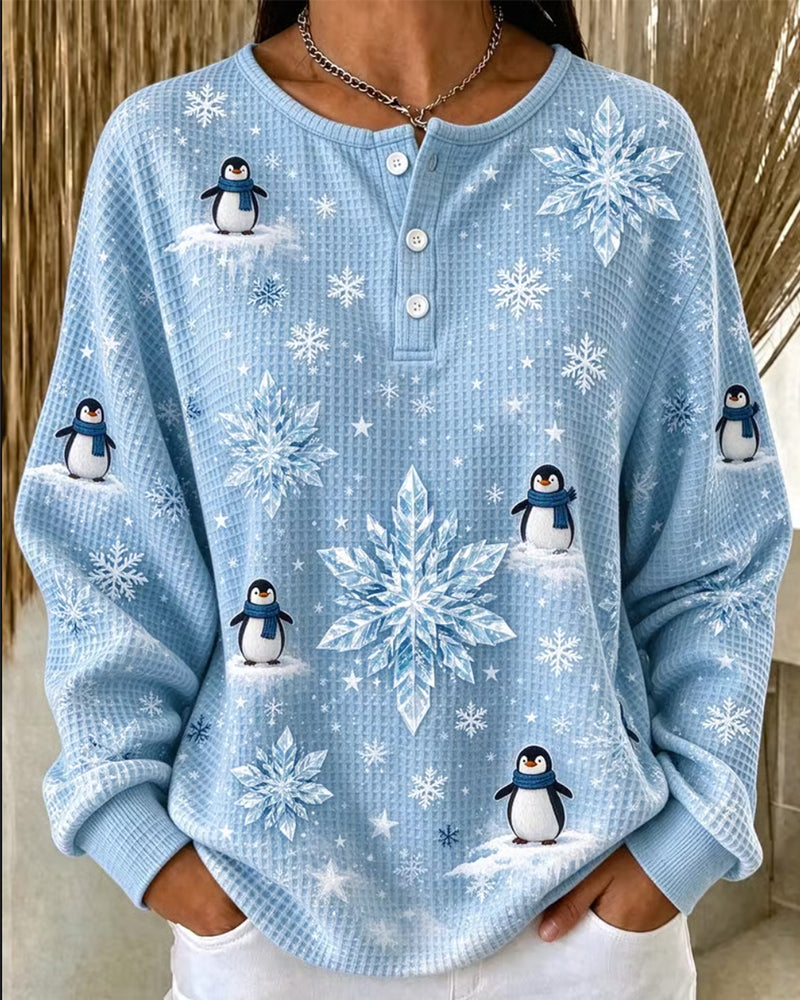 Penguin Snowflake Waffle Knit Henley Top
