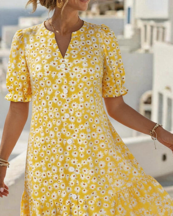Daisy Print V-Neck Dresses