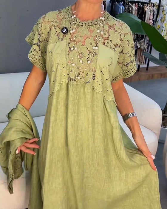 Elegant Lace Trim Patchwork Maxi Dress