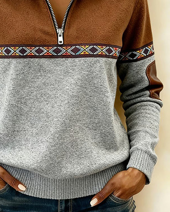 Color-Blocked Fur Collar Sweatshirt