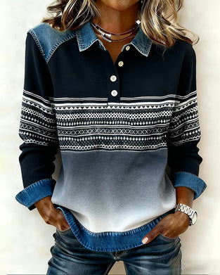 Button Lapel Striped Gradient Sweatshirt