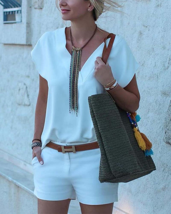 V-neck short-sleeved solid color blouse