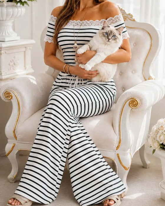 Off-Shoulder Lace Trim Stripe Wide Leg Pants Set