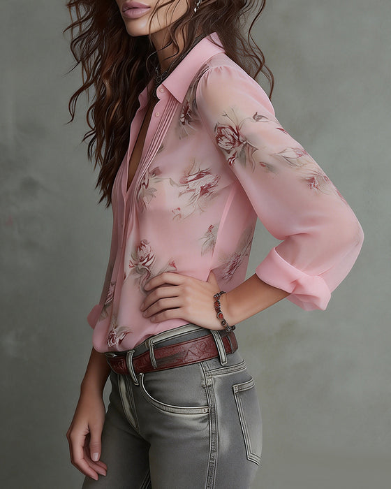 Elegant Unbuttoned Printed Blouse