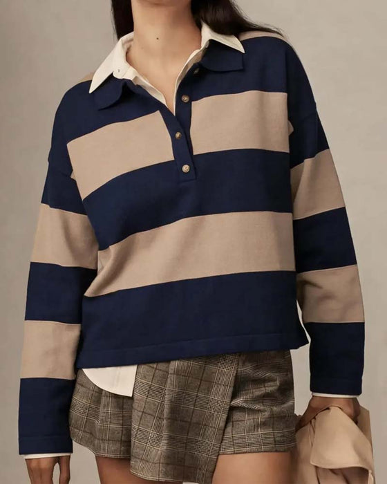 Wide Striped Buttoned Lapel Pullover