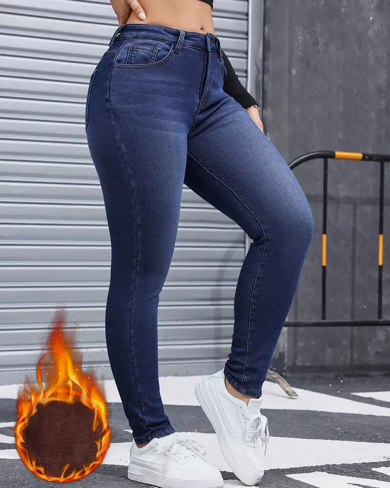 Women's Fleece Lined Solid Pocket Jeans