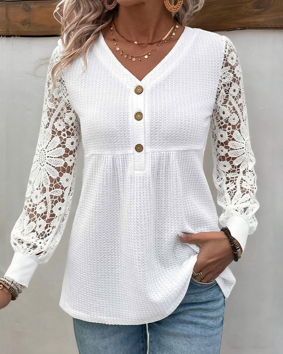 Lace Long-Sleeve V-Neck Blouse