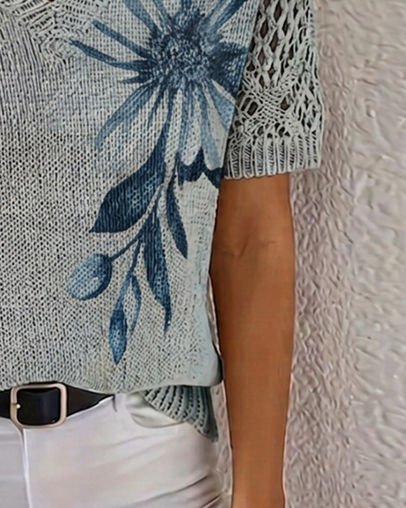 V-Neck Knitted Floral Pullover